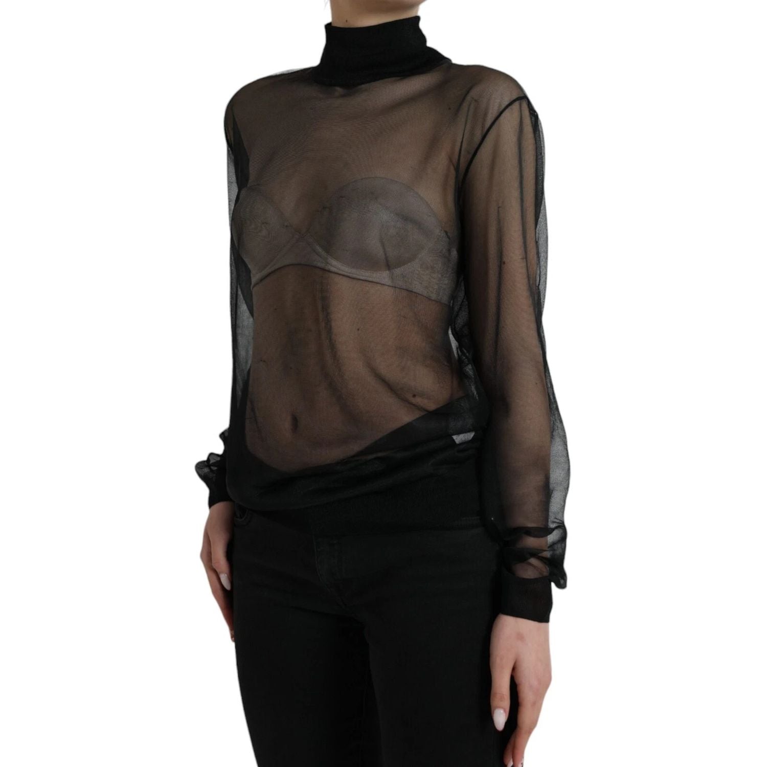 Dolce & Gabbana Black Mesh Turtleneck Sheer Blouse Top