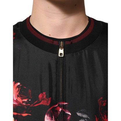 Dolce & Gabbana Black Red Floral Silk Bomber Blouson Jacket