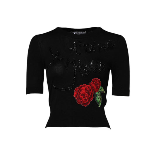 Dolce & Gabbana Black Rose Sequin Embellishments Blouse Top