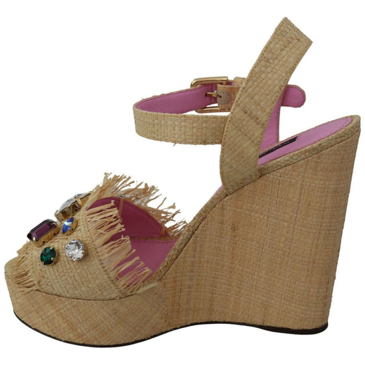 Dolce & Gabbana Dolce & Gabbana Beige Silk Strap Wedge Sandals LA8145- 38 14% Leather,16% Straw,1728,67345645728,Beige,Dolce & Gabbana,EU38/US7.5,Material: 70% Silk,New with tags,Sandals - Women - Shoes,Women