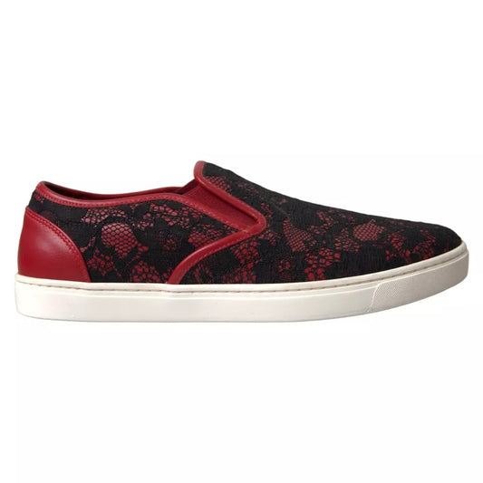 Dolce & Gabbana Dolce & Gabbana Black Red Lace Slip On Low Top Sneakers Shoes 1728,67345645728,Black,Dolce & Gabbana,EU40/US9.5,Flat Shoes - Women - Shoes,Preowned / Defect,Shoes,Women,Women - Shoes LA10486-40