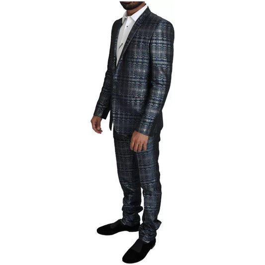 Dolce & Gabbana Dolce & Gabbana Blue Silver Shiny 2 Piece Slim GOLD Suit KOS1819-46 1728,67345645728,Blue,Dolce & Gabbana,IT46 | S,Material: 100% Polyester,Men,New with tags,Suits - Men - Clothing