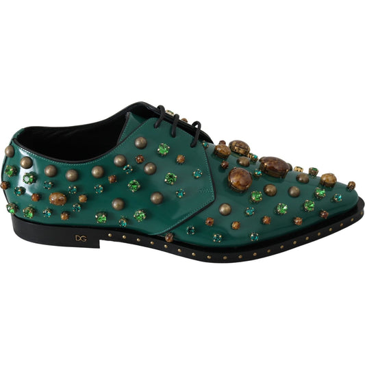 Dolce & Gabbana Dolce & Gabbana Emerald Leather Dress Shoes with Crystal Accents LA7212-41 1728,67345645728,Dolce & Gabbana,EU41/US10.5,Flat Shoes - Women - Shoes,Green,Material: Leather,New with tags,Women