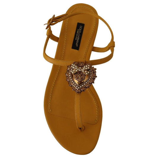 Dolce & Gabbana Dolce & Gabbana Mustard T-Strap Flat Sandals with Heart Embellishment LA9729 - 35 1728,67345645728,Dolce & Gabbana,EU35/US4.5,Material: 100% Leather,New with tags,Sandals - Women - Shoes,Women,Yellow