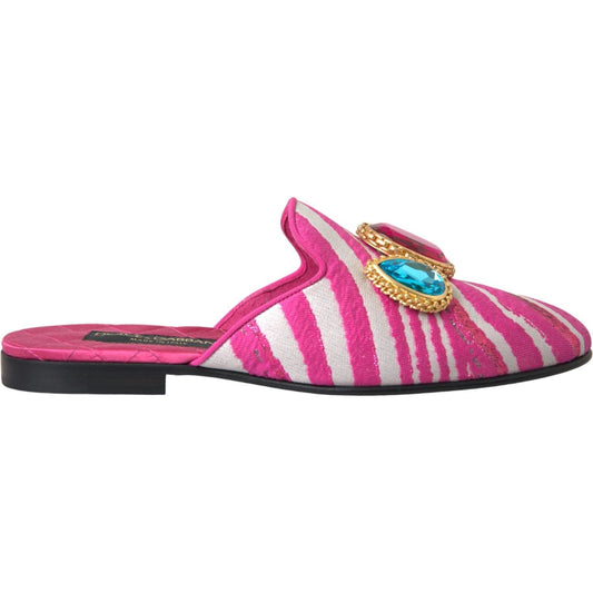 Dolce & Gabbana Dolce & Gabbana Pink Jacquard Crystal Mule Flat Sandals Shoes LA11172-38 1728,67345645728,Dolce & Gabbana,EU38/US7.5,Flat Shoes - Women - Shoes,Material: Leather,Pink,Preowned / Defect