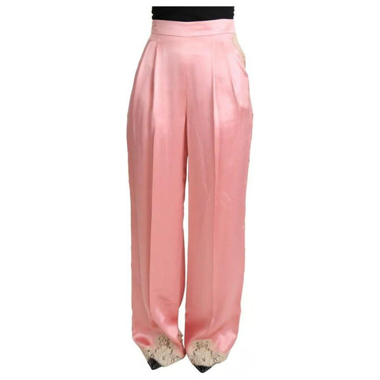 Dolce & Gabbana Dolce & Gabbana Pink Lace Trimmed Silk Satin Wide Legs Pants PAN71898-42 1728,67345645728,Dolce & Gabbana,IT42|M,Jeans & Pants - Women - Clothing,Material: 80% Silk 15% Cotton 5% Nylon,Pink,Preowned / Defect,Women