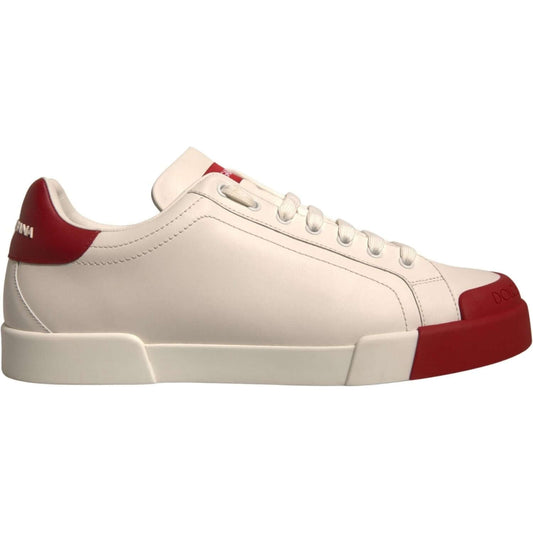 Dolce & Gabbana-Dolce & Gabbana White Leather Logo Portofino Sneakers Shoes-1728,67345645728,Dolce & Gabbana,EU 42 | US 9,Material: 100% Calf Leather,Men,Men - Shoes,New with tags,Shoes,Sneakers - Men - Shoes,White and Red-MV6886-42