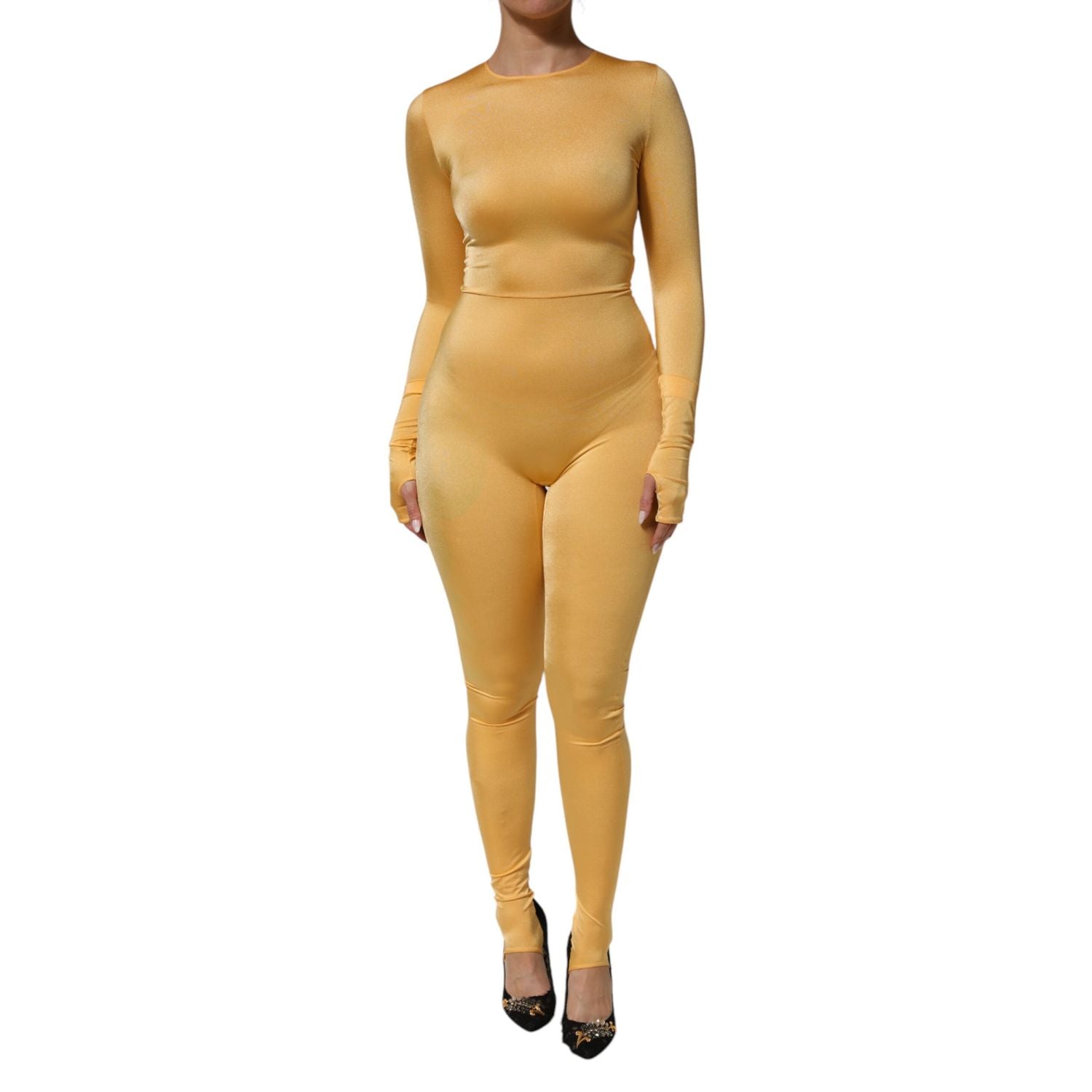 Dolce & Gabbana Gold Yellow Stretch Long Sleeve Bodysuit Dress