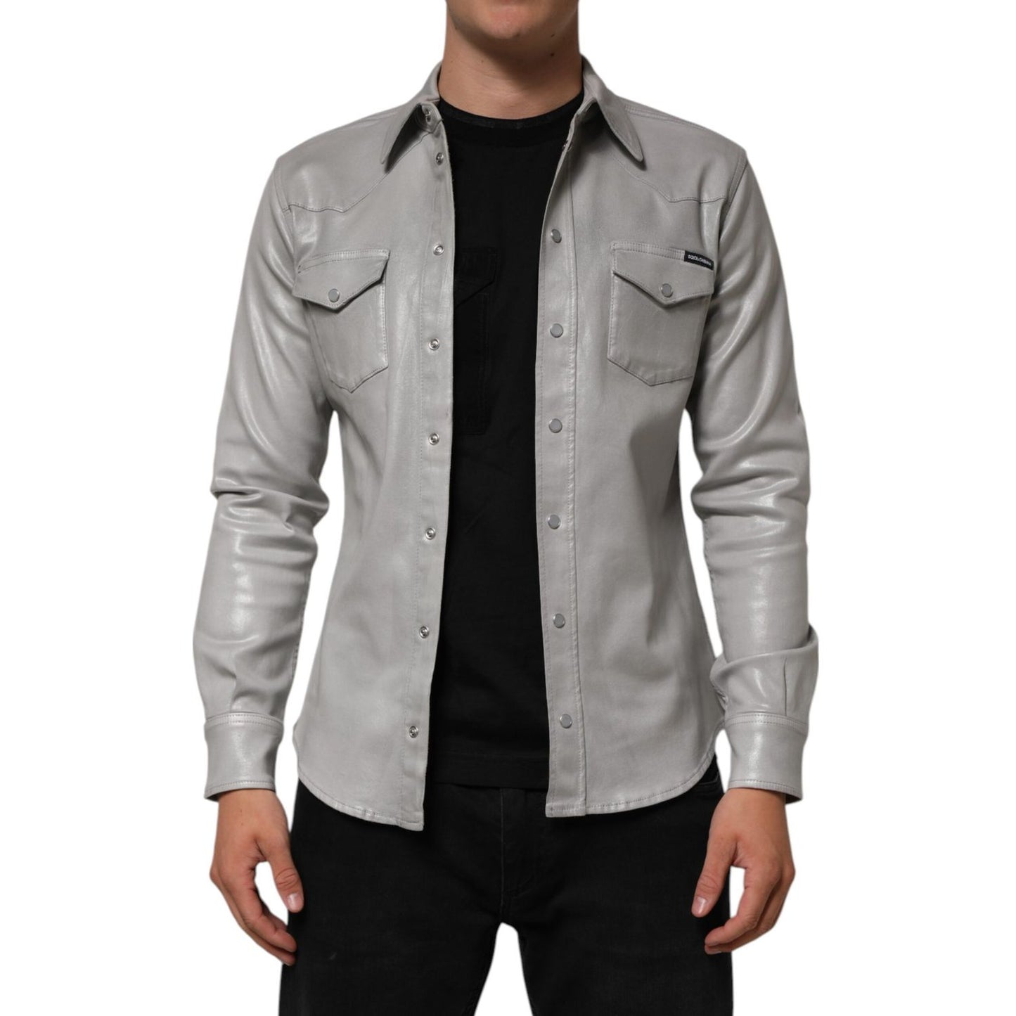 Dolce & Gabbana Gray Coated Cotton Snap Button Logo Men Shirt