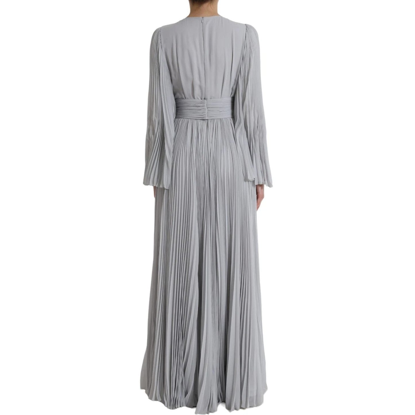Dolce & Gabbana Light Grey Polyester Pleated Long Maxi Dress