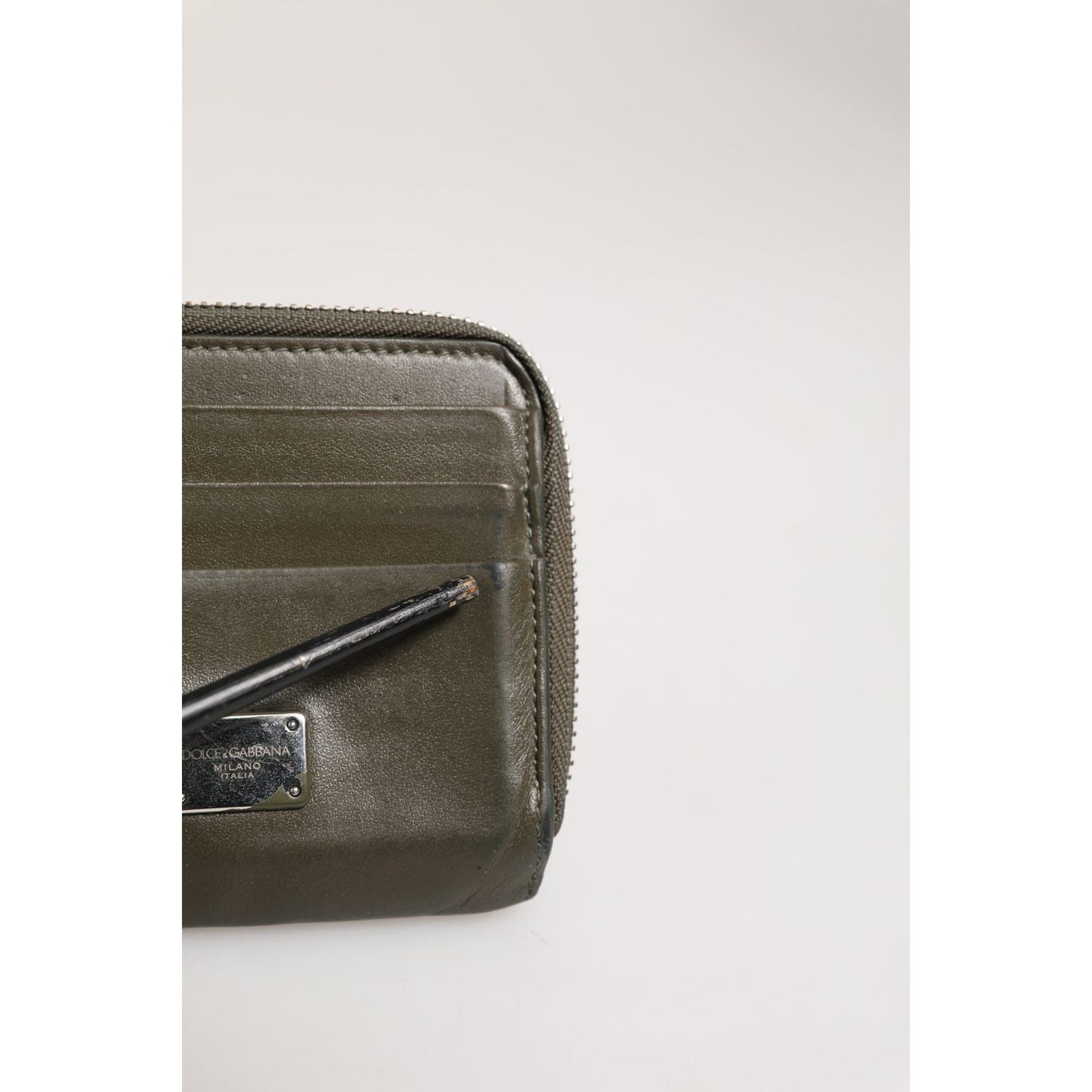Dolce & Gabbana Military Green Leather Logo Plaque Card Holder Coin Purse Wallet