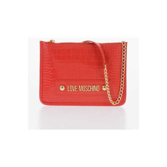 Moschino Moschino LOVE Crocodile Effect Faux Leather Clutch with Golden Logo MOP490438GD 1728,74866327712,Bags,Moschino,New with tags,Red,Tote Bags - Women - Bags,Women,Women - Bags