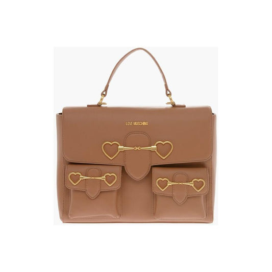 Moschino Moschino LOVE Faux Leather Handle Bag with Pockets and Clamp Front MOP483402GD 1728,74866327712,Bags,Brown,Moschino,New with tags,Tote Bags - Women - Bags,Women,Women - Bags