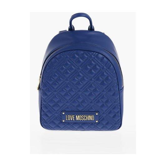 Moschino Moschino LOVE Quilted Faux Leather Backpack with Golden Logo MOP537880GD 1728,74866327712,Backpacks - Women - Bags,Bags,Blue,Moschino,New with tags,Women,Women - Bags