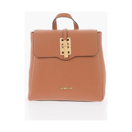 Moschino Moschino LOVE Solid Color Faux Leather Backpack with Golden Logo MOP490720GD 1728,74866327712,Backpacks - Women - Bags,Bags,Brown,Moschino,New with tags,Women,Women - Bags