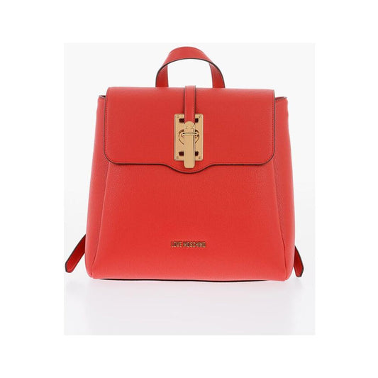 Moschino Moschino LOVE Solid Color Faux Leather Backpack with Golden Logo MOP490721GD 1728,74866327712,Backpacks - Women - Bags,Bags,Moschino,New with tags,Red,Women,Women - Bags