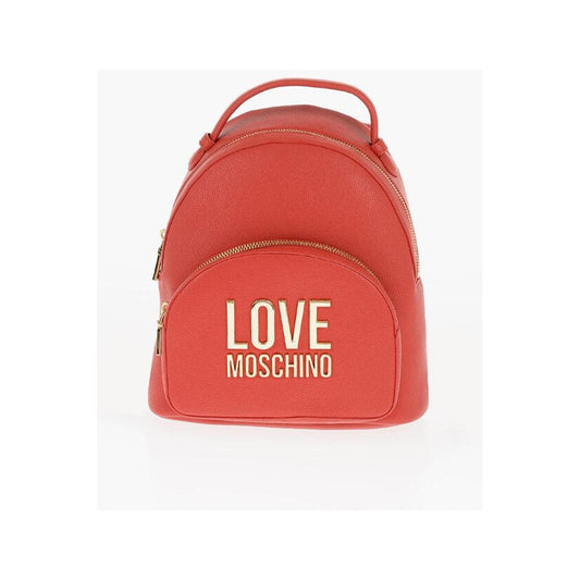 Moschino Moschino LOVE Solid Color Faux Leather Backpack with Golden Logo MOP537848GD 1728,74866327712,Backpacks - Women - Bags,Bags,Moschino,New with tags,Red,Women,Women - Bags