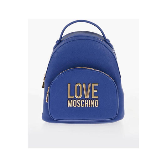 Moschino Moschino LOVE Solid Color Faux Leather Backpack with Golden Logo MOP537849GD 1728,74866327712,Backpacks - Women - Bags,Bags,Blue,Moschino,New with tags,Women,Women - Bags