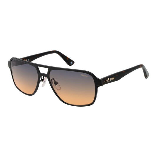 BMW black aviator men's sunglasses with blue gradient lenses, full-rim aluminum frame, 100% UVA & UVB protection, and branded case included.