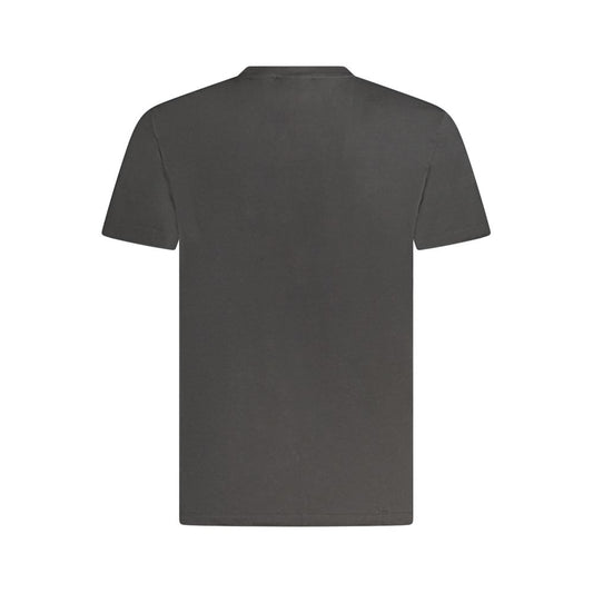 Back view of Calvin Klein black cotton T-shirt, short sleeves, crew neck, with embroidered logo.