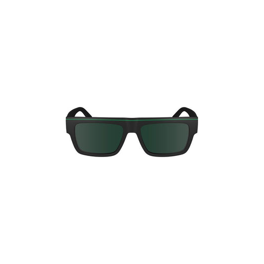 Calvin Klein black plastic sunglasses with rectangular lenses, contrast details, logo on temple, lens width 55mm, bridge 17mm, temple 145mm.