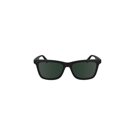 Calvin Klein black plastic sunglasses with square lenses, 54mm lens width, 17mm bridge width, and 140mm temple length.