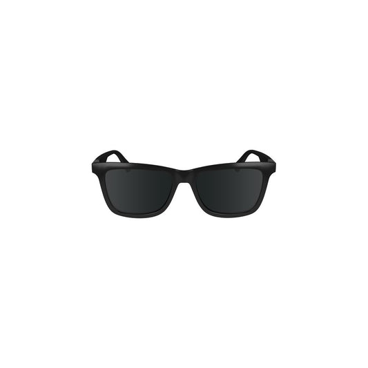 Calvin Klein black plastic sunglasses with square black lenses, injected plastic frame, and logo detail. Lens width: 54mm, Bridge: 17mm.