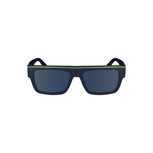 Calvin Klein blue plastic men sunglasses with rectangular frame and contrasting details, featuring stylish blue lenses for eye protection.