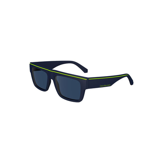 Calvin Klein blue rectangular men sunglasses with sleek plastic frame and bold lenses for style and UV protection.