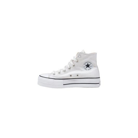 Converse white polyester high-top sneaker with flat sole, offering style and comfort for casual and relaxed events.