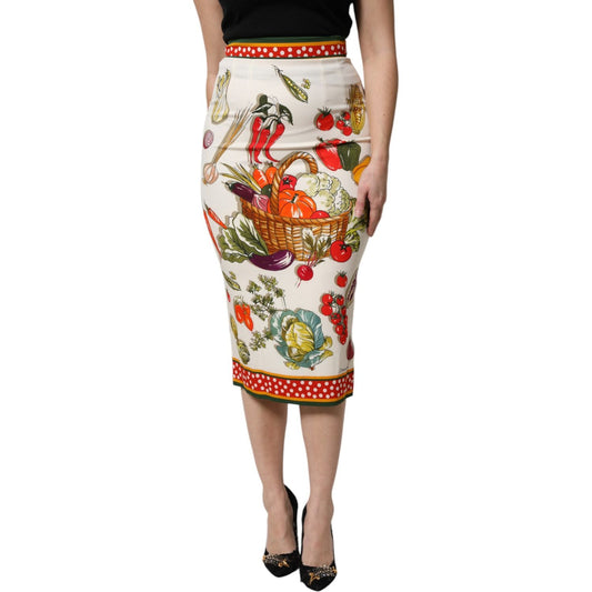 Dolce & Gabbana multicolor high waist pencil cut midi skirt with vegetable print, crafted in silk and elastane, zipper closure, Italian made