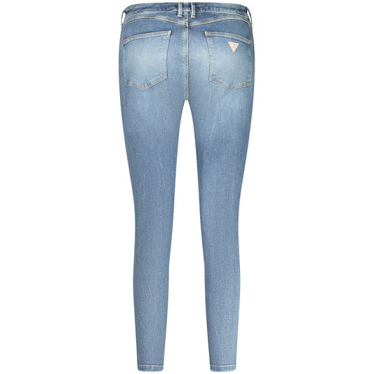 Back view of Guess Jeans blue skinny high jeans with washed effect, recycled cotton, and logo detail.
