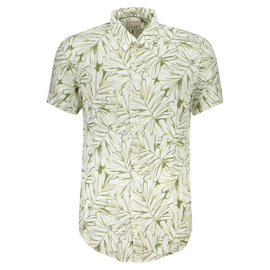 Men's Guess Jeans patterned viscose shirt in white with green leaves, featuring slim fit design and button details.