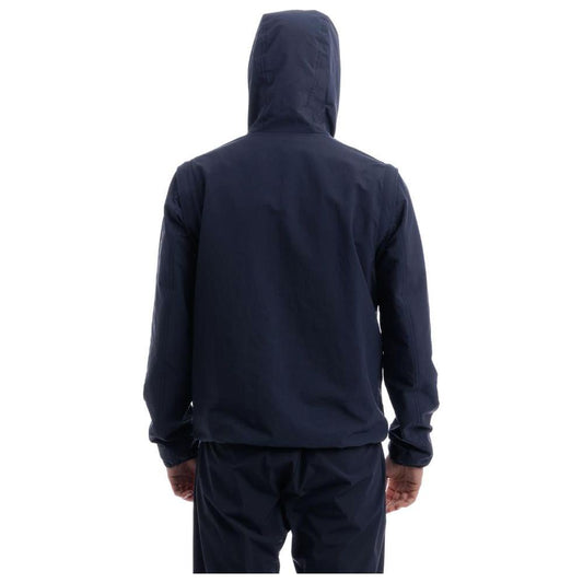 Herno blue nylon jacket with hood, showcasing the back view and modern design features.