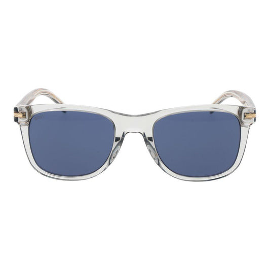 Hugo Boss gray men's sunglasses with eco acetate full-rim frame, blue plastic lenses, square style, 100% UVA & UVB protection.