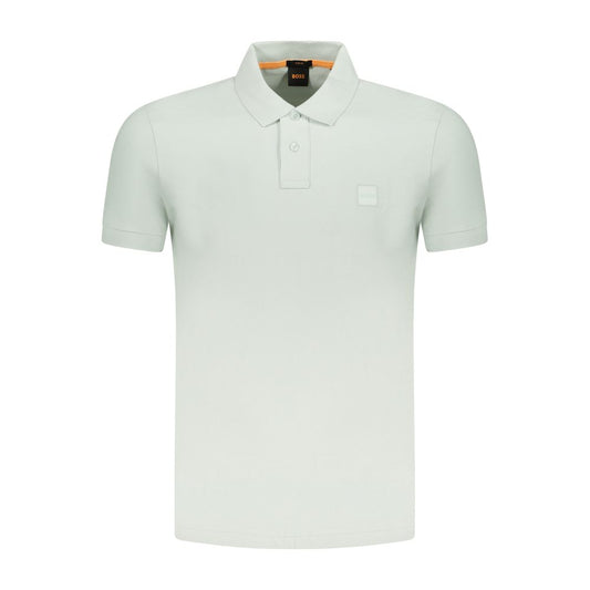 Hugo Boss green cotton men's polo shirt, slim fit, with two-button placket and embroidered logo, embodies modern style and luxury.