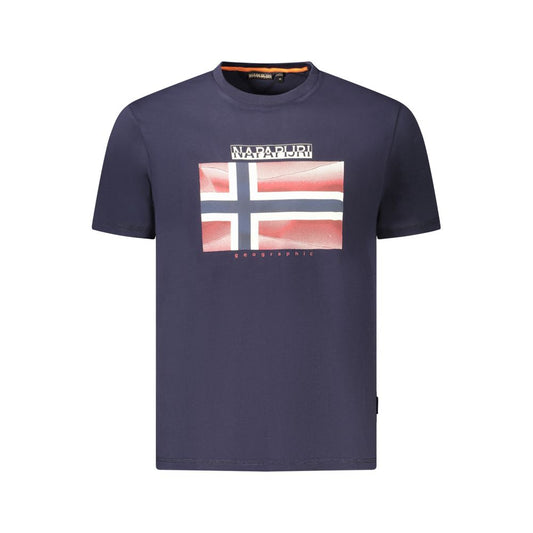 Napapijri blue cotton men's T-shirt featuring a bold logo and flag print, crafted from organic cotton for comfort and style.