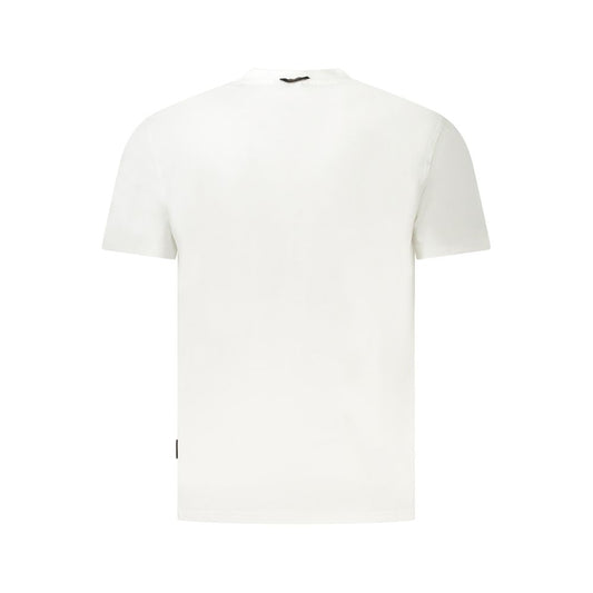 Back view of Napapijri white cotton men's T-shirt showcasing pristine design and iconic logo, made from 100% organic cotton.