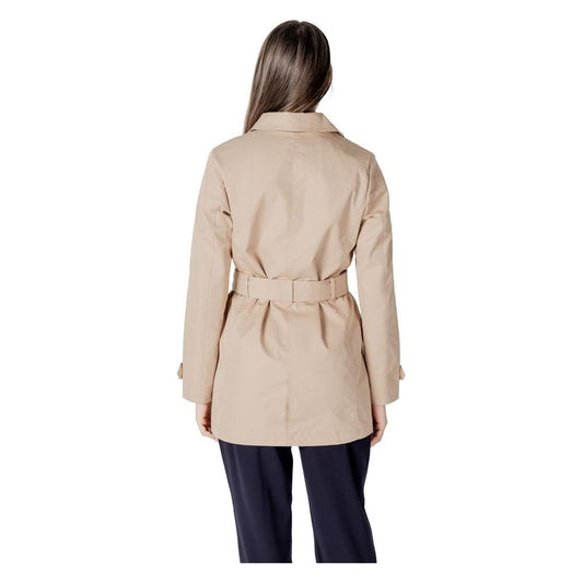 Back view of Street One beige cotton trench coat, featuring mid-length design and belted waist for versatile and stylish transitional wear.