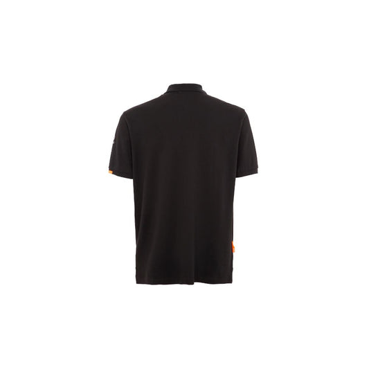 Back view of Suns black cotton polo shirt with ribbed collar, logo on sleeve, and button closure.