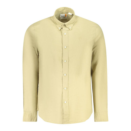 Timberland beige cotton men shirt with slim fit, button-down collar, and logo embroidery. Ideal for casual elegance.