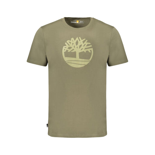 Timberland green cotton men's T-shirt with printed logo, short sleeves, and crew neck for casual style and comfort.