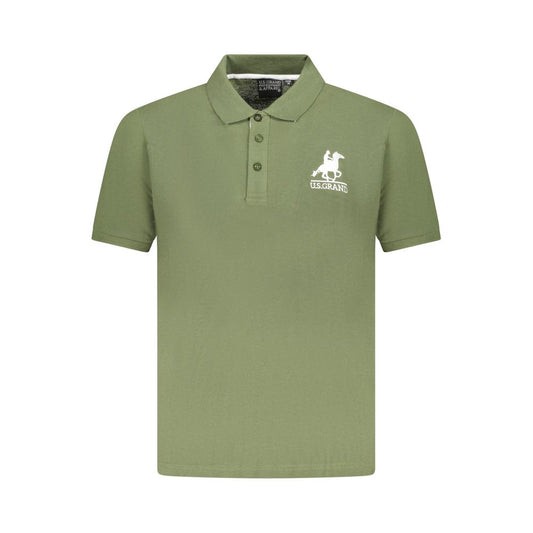 U.S. Grand Polo green cotton men's polo shirt with logo, featuring short sleeves and a three-button placket for a stylish, modern look.