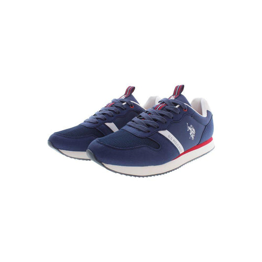 U.S. POLO ASSN. blue polyester men's sneakers with logo, contrasting accents, athletic style, casual luxury.